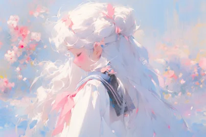 A cute 5-year-old girl carrying a pink backpack, white double ponytail hair, wearing a white sailor suit, white uniform, cherry blossoms, hair tied in a bow, cute face, upper body, sitting, frontal, watercolor texture, oil painting texture, oil painting, Pastel::2, Dream colors --no Butterfly, Coarse trunk, Deformed hands, 6 hands --ar 3:2 --niji 5 --s 750