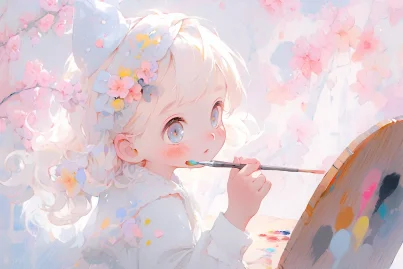 A cute 5-year-old girl is holding pink cherry blossoms in her hand, with white double ponytail hair, wearing a white sailor suit, a white uniform, cherry blossoms, and a butterfly tied headband, cute face, upper body, sitting, frontal, watercolor texture, oil painting texture, oil painting, Pastel::2, Dream colors --no Face to the back, butterfly, Coarse trunk, Deformed hands, 6 hands --ar 3:2 --niji 5