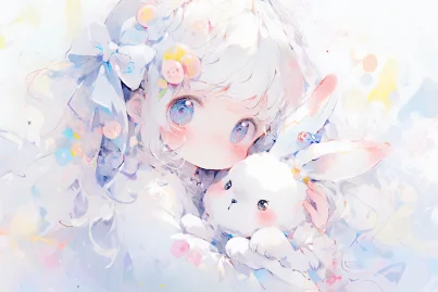 A cute 5-year-old girl is holding a white rabbit in her hand, with white double ponytail hair, wearing a white wedding dress, a white headscarf, and white petals, cute face, upper body, sitting, frontal, watercolor texture, oil painting texture, oil painting, Pastel::2, Dream colors --no Butterfly, Coarse trunk, Deformed hands, 6 hands --ar 3:2 --niji 5