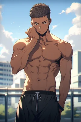 Frontal view, medium full shot, a 25 years old young handsome male, crew cut, perfect face, trim physique, athletic build, plump pectoral muscle and abdominal muscle, topless, no shirts, without shirts, none shirts, putting both hands by sides, bright day, city background, Makoto Shinkai, in the style of 2D Japanese Anime, beautiful cinematic lighting, Official Art, Pixiv Fanbox, Digital Art, Epic Portraiture, Ultra Detailed, 32K Resolution, Vibrant Colors, Vivid Colors, Bright Colors, Masterpiece, Best Quality, Post Processing. --ar 2:3 --style original --s 110 --niji 5