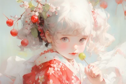 A cute 5-year-old girl is holding a red cherry in her hand, with white double ponytail hair, wearing a kimono, cherry fruit, and a headband tied around her head, cute face, upper body, sitting, frontal, watercolor texture, oil painting texture, oil painting, Pastel::2, Dream colors --no Butterfly, Coarse trunk, Deformed hands, 6 hands --ar 3:2 --niji 5