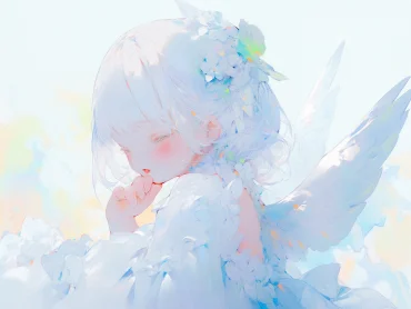 A cute 5-year-old girl is holding a light blue rose in her hand, with light blue double ponytail hair, wearing a white dress, an Angel Halo, small wings, and a small wing hair accessory tied to her head. She has a cute face, and is depicted sitting frontal, with a watercolor texture, oil painting texture, oil painting, pastel colors, and dream colors --ar 4:3 --niji 5.