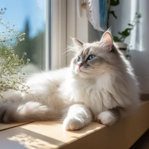 A ragdoll cat is lying leisurely on the windowsill. --v 5.2 --style raw --ar 1:1