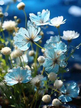 The sky is blue, and several blue butterflies are fluttering among the flowers. It gives a distant view, like a Japanese-style photo, with the style of Rinko Kikuchi, creating a dreamy and fresh feeling. --ar 3:4 --style raw --s 855 --v 5.2