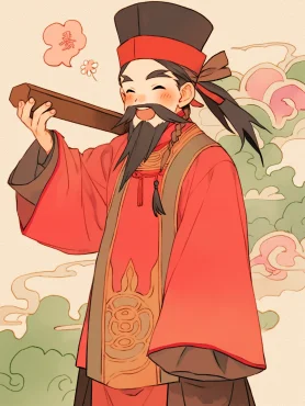 Cao Guoyu, middle-aged man with a beard and a majestic demeanor, cute, wearing a red official uniform from the Song Dynasty, holding a wooden plank in his hand, Cartoon, cute, Ancient Chinese sword, Daoism, Moe anime style, Kawaii anime style, Little Witch Academia, Tales from Earthsea, Hanfu, Hanfu, Hanfu, Chinese costume, Chinese costume, Hanfu, UHD, Best quality --c 1 --ar 3:4 --style cute --niji 5 --s 750