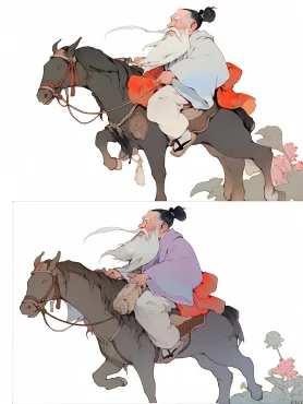 Zhang Guolao, a kind-looking old man, has a white beard and white hair. He is often depicted riding upside down on a donkey in Chinese cartoons. The cartoon is characterized by bright colors and high definition quality, with a Moe anime style. The imagery also includes lotus flowers, representing purity, and ancient Chinese swords. Zhang Guolao is often seen wearing Hanfu, a traditional Chinese costume. The cartoon is available in UHD (Ultra High Definition) with the best quality. --c 1 --ar 3:4 --style expressive --niji 5