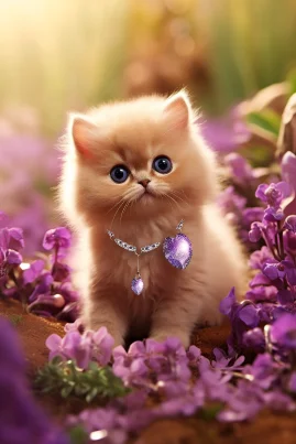 A cute baby pet is just around the corner! He is a chubby, incredibly cute Pixar-style Pomeranian cat with charming fluffy ears. He is giggling merrily, and his big, grape-colored eyes are very watery and fun to look at. The baby's necklace is sparkling, delicate and beautiful. Behind it is a beautiful meadow of Fragrant Orchids, and the breeze is blowing them gently and warmly. The background is a light blue color, the sun is shining brightly, and the fairy tale world seems to be just around the corner. The front of the camera shows the cutest side of the baby. The whole picture is clear and high-definition, with fine details, both from the angle and picture quality are first-class Dinis level. --ar 2:3 --style raw --v 5.2