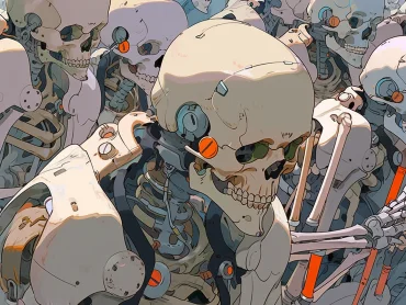 Can humans coexist with machines? The answer was predetermined when we created true artificial intelligence. In the wasteland world, littered with the skeletons of humans and the robots they created --ar 4:3 --style expressive --niji 5