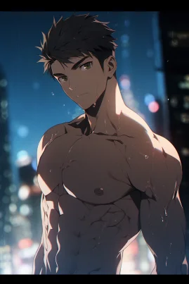 Frontal view, medium full shot, a 25 years old young handsome male, crew cut, perfect face, trim physique, athletic build, pectorals and abdominals, topless, no shirts, without shirts, none shirts, putting both hands by sides, bright night, city background, Makoto Shinkai, in the style of 2D Japanese Anime, beautiful cinematic lighting, Official Art, Pixiv Fanbox, Digital Art, Epic Portraiture, Ultra Detailed, 32K Resolution, Vibrant Colors, Vivid Colors, Bright Colors, Masterpiece, Best Quality, Post Processing. --ar 2:3 --style original --s 120 --niji 5