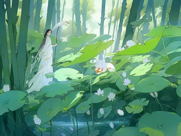 Refine the background, bamboo forest, lotus flowers, lotus leaves, Chinese dragon, panorama, full body, watercolor, watercolor paint. --ar 4:3 --style expressive --niji 5