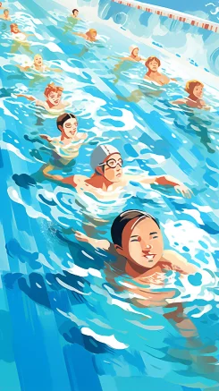 Swimming competition held at the outdoor swimming pool with several athletes competing and swimming, Best quality, Light-Blue, bright, Watercolor Children's illustration, flat design, Style, Cartoon style, Best quality, Light-Blue, bright, Watercolor Children's illustration, flat design, Style, Cartoon style --ar 9:16 --style raw --v 5.2