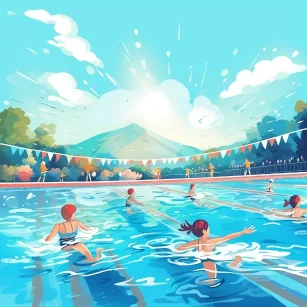 Swimming competition held at the outdoor swimming pool with several athletes competing and swimming, Best quality, Light-Blue, bright, Watercolor Children's illustration, flat design, Style, Cartoon style --ar 1:1 --style raw --v 5.2