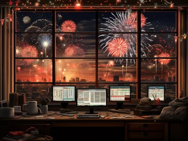 The theme is the scene of New Year's Day when the team worked overtime remotely to support the release of the system. On New Year's Day, fireworks were suddenly set off outside the house, and a countdown clock at 0:00 a.m. was displayed in the room. There are many buildings, and the clocks in several rooms in each building are pointing to 0:00 a.m., and the computer screen in each room shows 