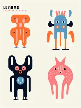 Animal image symbols, several aliens, exaggerated proportions of limbs, minimalist style, flat illustrations of totem art, bold block printing, stone carving, color combinations. --iw 2 --ar 3:4 --style raw --v 5.2 --s 750