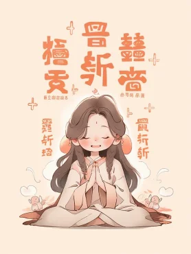 cute cartoon Chinese girl praying with words in the background, in the style of light orange and dark beige, fairy academia, Arthur Skizhaly-Veis, refined aesthetic sensibility, light gray and dark brown, zen Buddhism influence, group material --iw 2 --ar 3:4 --niji 5