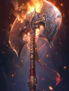 Mythic weapons, a super-domineering giant axe with interwoven patterns on the handle, God destroying weapons, full of power, empty background, incredible light effect, high quality, 8k picture quality --ar 3:4 --niji 5