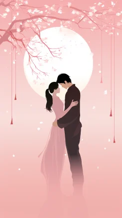 A cozy and emotional scene unfolds in front of our eyes in this minimalist style Tanabata poster. The entire image is set against a soft light pink background, creating a romantic and cozy atmosphere. In the center of the image, we see a pair of lovers hugging tightly together, wearing simple clothes that express their deep love for each other. Their posture is soft and fluid, emphasizing the intimacy of their relationship. Beside them is a sea of blossoming roses, petals falling as their love story slowly unfolds in the flood of time. The most eye-catching part of the whole picture is the text in the center of the poster: 