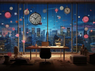 The theme is to express the scene of the team working overtime in the wee hours of the morning on New Year's Day. It's New Year's Day, New Year's Eve, fireworks suddenly go off outside the house, a countdown clock at 0:00 a.m. is displayed on the wall of the high-rise building, and the clocks in everyone's room are pointing to 0:00 a.m. The computer screen in every room shows 