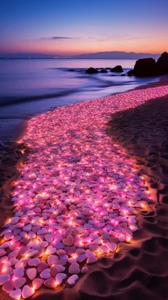 At night, the pink white beach edge is filled with colorful luminous creatures and luminous pebbles. The picture is light red transparent, sprinkled on the sand with heart red roses in various colors. It features art optical art, smooth and transparent luminous creatures and pebbles, smooth marble, sunlight, ultra wide, sunlight ocean volume light, surrealism, ultra wide, aerial photography, ultra wide view, ultra high definition image quality, 8k, high detail, rendered into octane value, ultra long lens, beautiful sunlight.