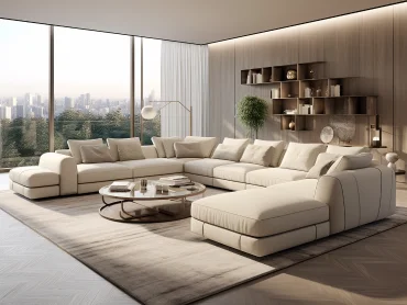 Italian minimalist sofa, U-shaped, full of details, smooth lines, in one room, high light color, beige color --ar 4:3 --style raw --v 5.2