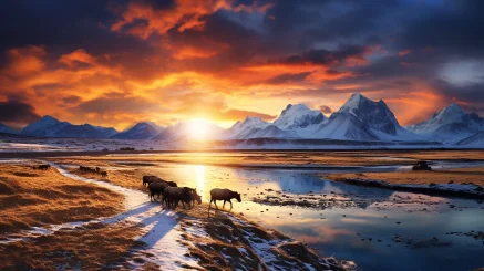 Animals, grasslands, mountains, snowy peaks, rivers, sunsets, blurred national style --ar 16:9 --style raw --v 5.2