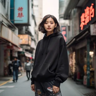 Full body shot of a Chinese female model wearing a comfy sweatshirt on the streets of Shanghai 2021, portrait photo taken from a low angle with a Canon EOS R5' camera and standard lens to capture the model's entire outfit and show off her height of 168cm Use --ar 1:1 --style raw --v 5.2