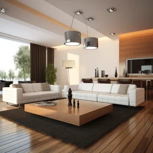 Interior living room modern style 3D rendering --ar 1:1 --style raw --v 5.2