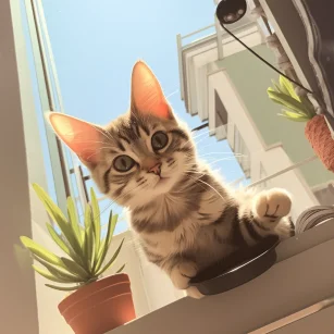 A small and lovely aloe vera potted plant is placed on the balcony. A cat is holding a phone and taking photos. They are both enjoying the nourishment of the sunlight. Realistic style. --ar 1:1 --v 5.2 --style raw