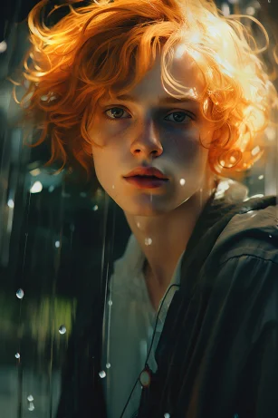 A young male character with amber eyes and golden hair, with a detailed and atmospheric portrait, an atmosphere that blends with gold, ultra detailed illustrations, wandering eyes, Fuji movie Eterna Vivid 500T, gold and polished copper, intense close-up --style raw --v 5.2