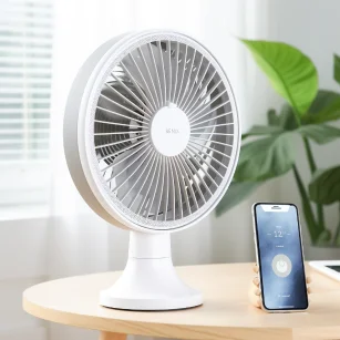 Smart fan with white background and a fan on it --ar 1:1 --style raw --v 5.2