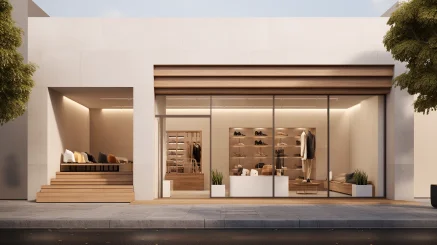 Facade rendering, modern minimalist, footbath store --ar 16:9 --style raw --v 5.2