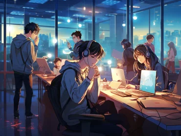 In this team anime illustration of remote overtime work at night, we see a futuristic and high-tech office space. The entire scene is covered in soft warm light, and the light falling from the hanging star lamps adds a touch of romantic atmosphere to the whole picture. In the office, a group of young and energetic members are fully engaged in their work. Virtual screens float in the air, displaying cool data charts and flowing code, symbolizing their passion for work and showcasing their talent. Everyone is wearing transparent smart glasses, with flickering lights on the glasses, reflecting their focused and passionate gaze. They sit on high-tech floating chairs, their fingers agilely dancing on transparent keyboards, emitting a faint blue glow. Outside the window is a stunning city night view. Neon lights flicker on towering skyscrapers, forming beautiful patterns. Drones shuttle between buildings, projecting colorful lasers, instantly illuminating this future city. A huge spaceship floats in the sky, leaving a trail of colorful lights in the universe. The entire picture exudes a sense of forward momentum and never-ending technological power. Everyone is working hard for a common goal, united and collaborative, demonstrating infinite creativity and vitality. This is a night full of hope and opportunities, and in this future world, they are writing their own brilliant chapters. --ar 4:3 --style raw --v 5.2