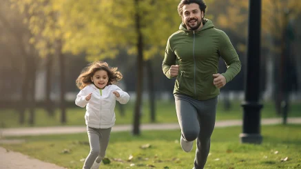 a boy with his daughter run in a park --ar 16:9 --style raw --v 5.2