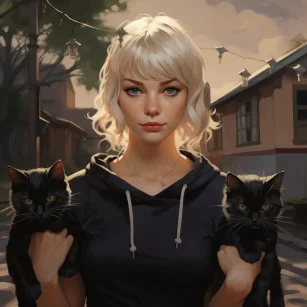 A girl with blond short hair and a crown with three black cats walking on the streets of a small Swiss town, anime wallpaper, in the style of hyper-realistic town, whimsical beauty, soft brushstroke realism, flat yet expressive, realistic paintings, strong facial expression, soft-edged --ar 1:1 --style raw --v 5.2