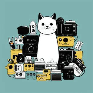 SUBJECT: cat with many cameras ART STYLE: Vintage illustrations, minimalistic, vector COLOR: simple coloring with clear black outline BACKGROUND: complete full white background, plain and untextured DECORATION: no additional elements, only the main unit without shadow, human or other characters --ar 1:1 --style raw --v 5.2 --s 50