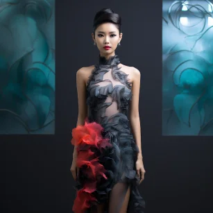 Ostrich feather cheongsam, cubism, three-dimensional cutting. --ar 1:1 --v 5.2 --style raw --s 750