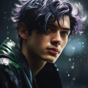 Young male character with purple black hair in the rain, light and shadow realistic style, light purple and purple black, realistic and ultra detailed portrait, Norwegian nature, close-up, photo realistic technology, realistic fantasy --ar 1:1 --style raw --v 5.2