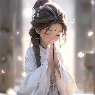 Chinese style, cute boy praying, long hair, hands folded, facing the audience, front face, face close-up wearing a pure white robe, standing in a sacred position on the ground, light white and light silver styles, classical, carefully designed, 3D, c4d, Hyperdetail, animated lighting, bokeh, perfect details, FHD --c 2 --ar 1:1 --niji 5 --s 750